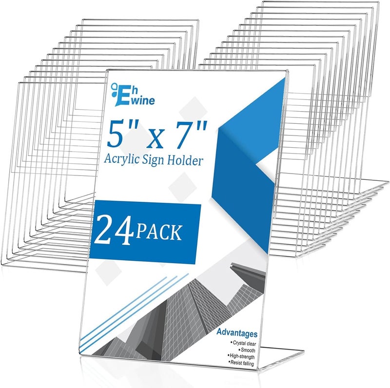 EHWINE 24 Pack 5 x 7 Acrylic Sign Holder, Clear Plastic Signs Display Stand, Vertical Slanted Back Paper Holder Stand up Table Top Sign Holders Flyer Stand Frames Suitable for Office Business Store - Image 1